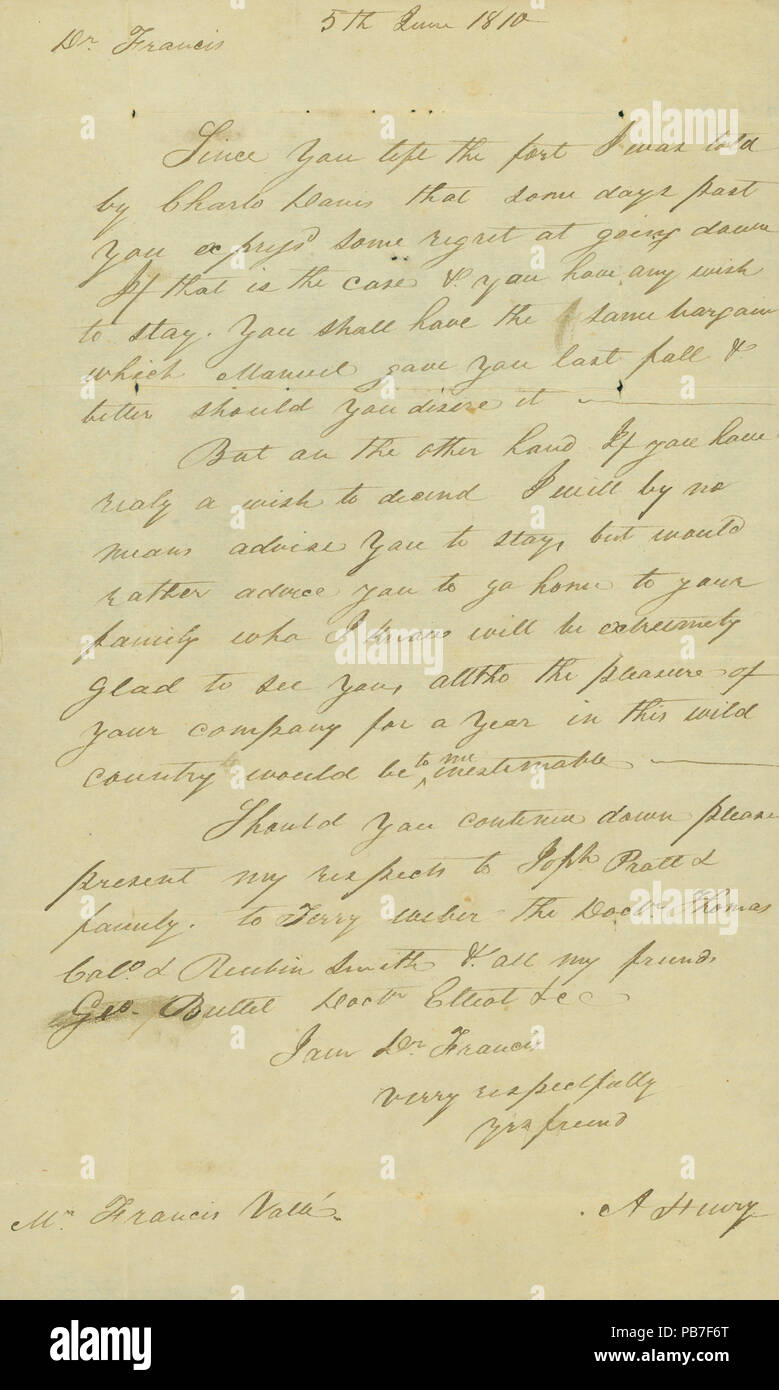 905 Brief unterzeichnet A. Henry Francois Valle, 5. Juni 1810 Stockfoto