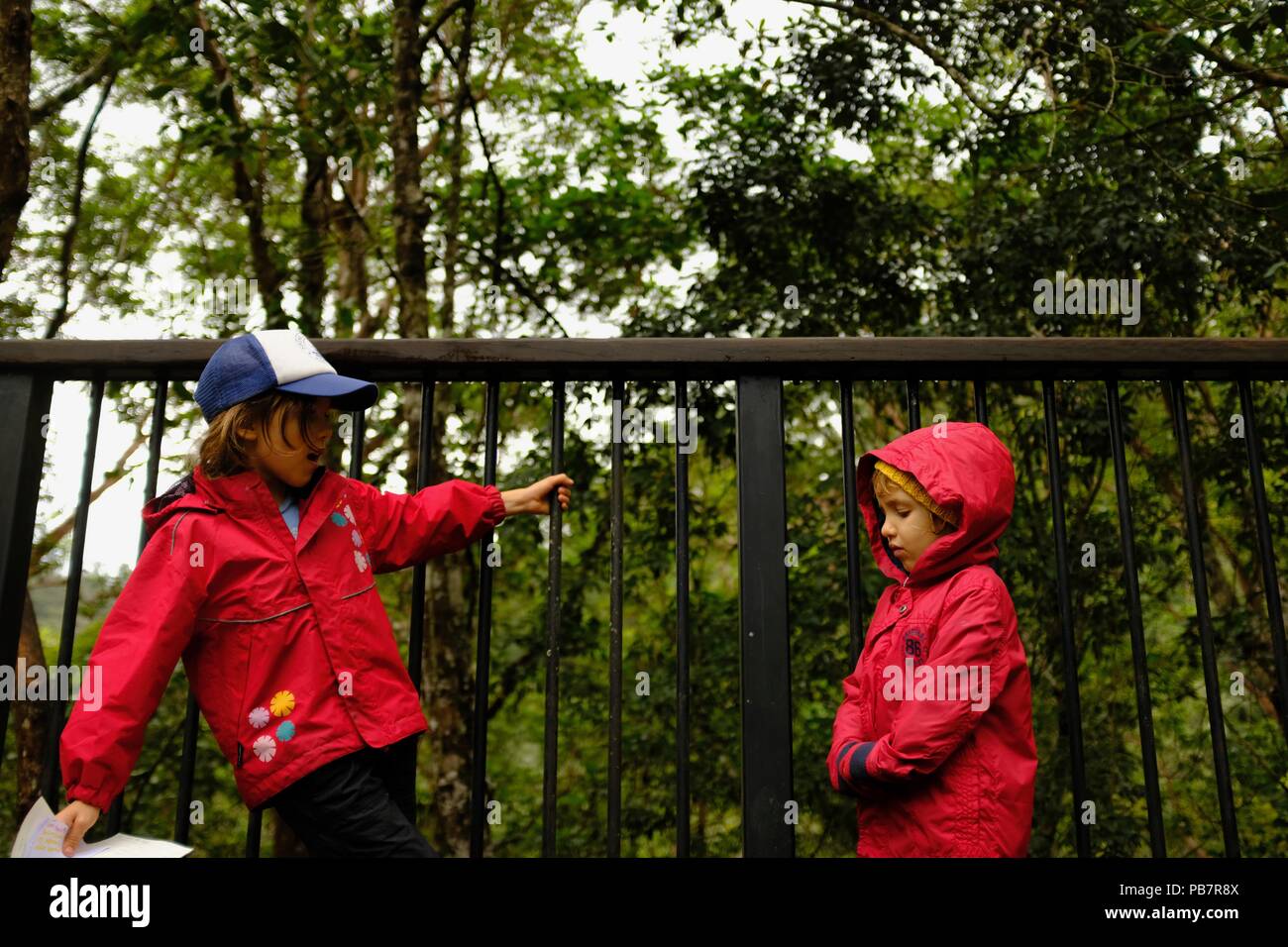 Zwei Kinder diskutieren, der hypipamee Krater, Mount hypipamee National Park, Atherton Tablelands, QLD, Australien Stockfoto