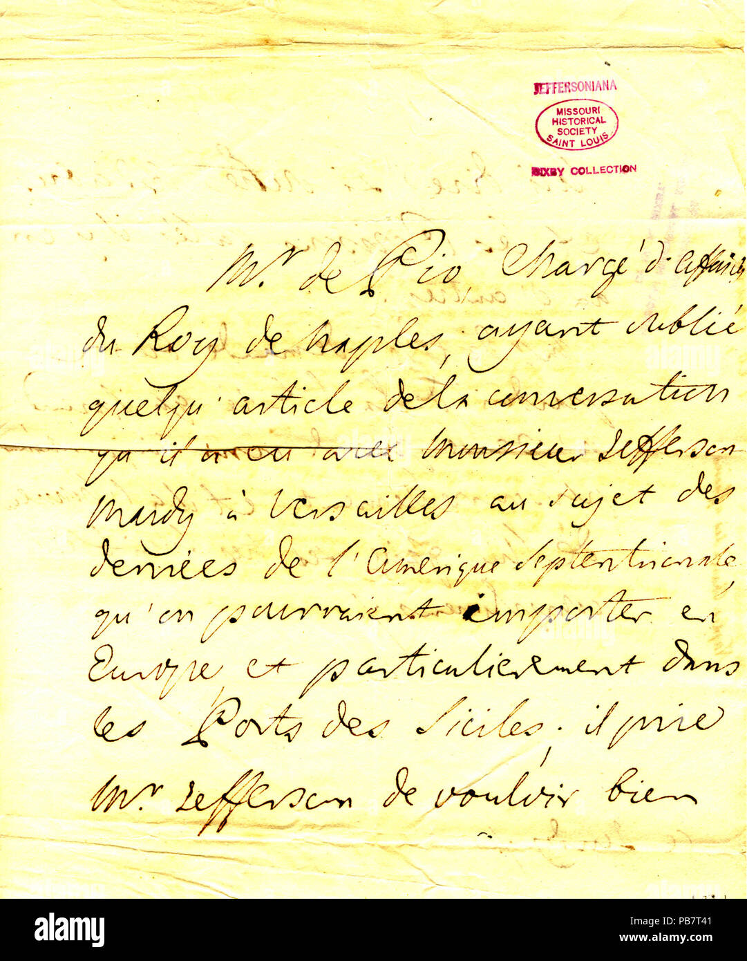 904 Brief von M. de Pio, Charge d'Affaires an den König von Neapel, zu Thomas Jefferson, 21. Juli 1785 Stockfoto