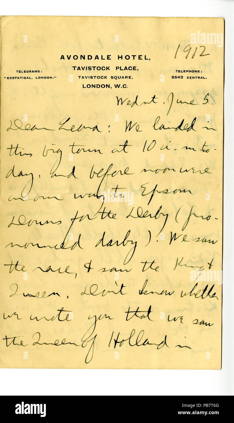 915 Brief an Carlos und Katherine Hurd von Katherine's Schwester, 5. Juni 1912 Stockfoto