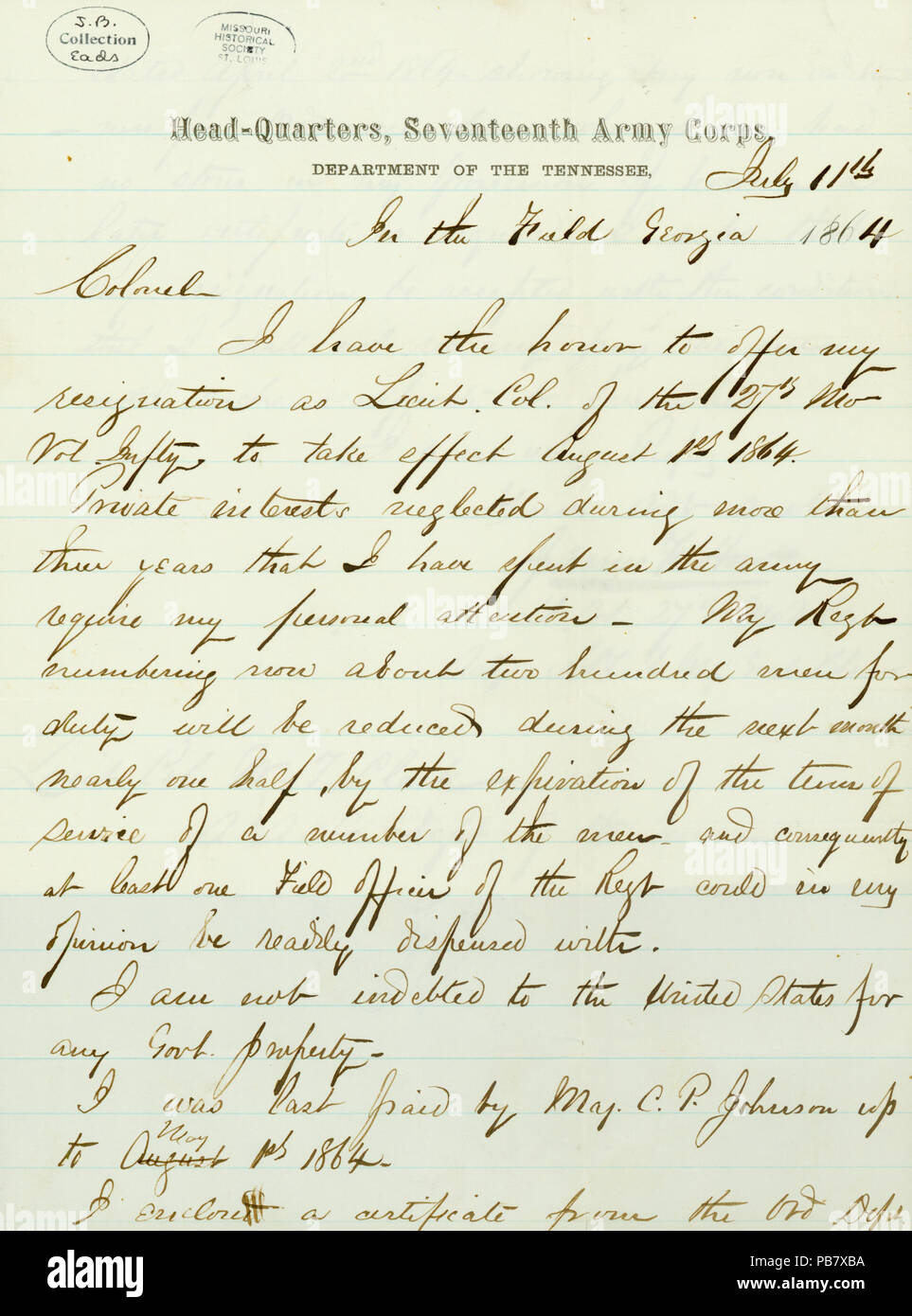 909 Brief unterzeichnet James F. Wie, Head-Quarters, siebzehnten Armee Korps, Abteilung der Tennessee, im Bereich Georgien, zu W.T. Clark, 11. Juli 1864 Stockfoto