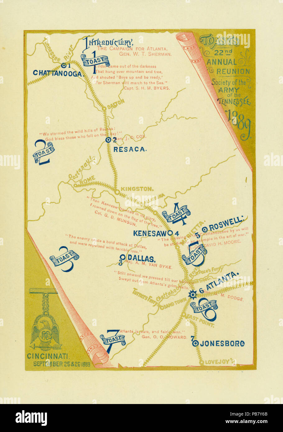 1754 Toast Karte für Reunion dinner Union Veterans' für die 22. jährlichen Treffen der Gesellschaft der Armee des Tennessee, 25. September 1889 Stockfoto