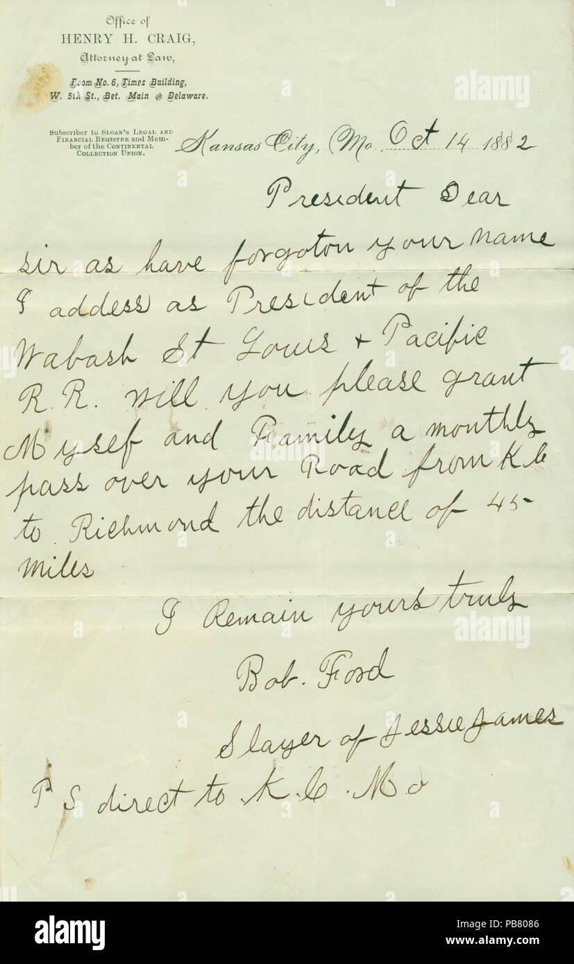 899 Schreiben von Bob Ford, "Slayer von Jesse James, "an den Präsidenten des Wabash, St. Louis und Pacific Railroad, 14. Oktober 1882 Stockfoto
