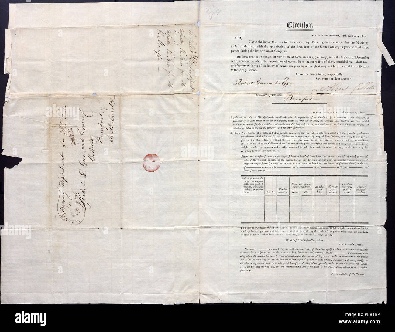 1772 Treasury circular von Albert Gallatin zu Robert Guerard, Beaufort, South Carolina, 27. August 1802 Stockfoto