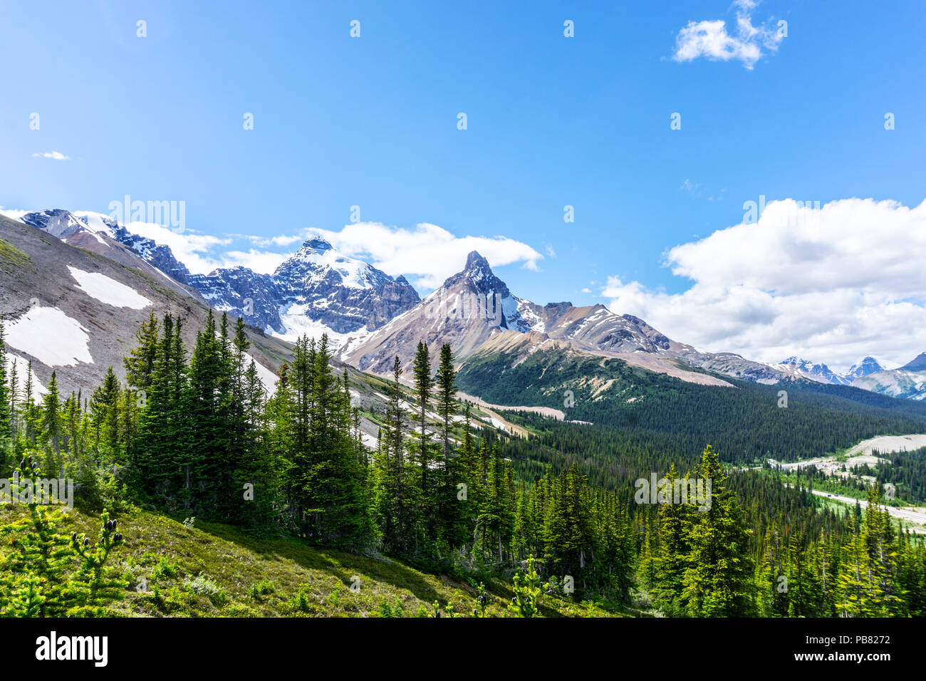 Mount Athabasca Gletscher mit seinen dichten von Parker Ridge Wanderweg auf dem Icefields Parkway in Jasper National Park gesehen. Hilda Peak ist der Stockfoto