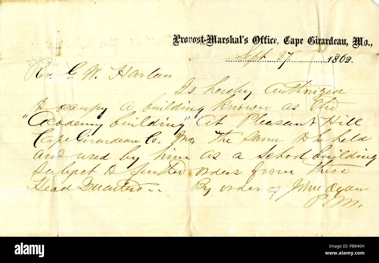 1119 Anmerkung von John (OG), S. M. (Provost Marshall), Propst Marschallamt, Cape Girardeau, MO. auf Rev. G. W. Harlan, 27. September 1862 Stockfoto