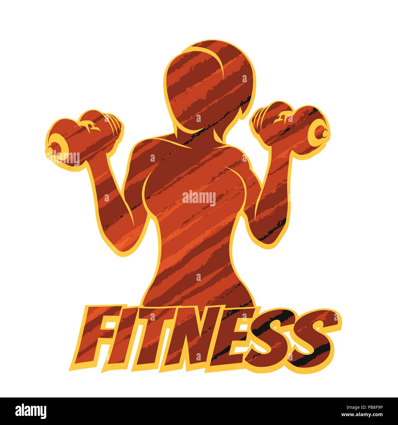 Athletische Frau Silhouette mit Kurzhanteln. Fitness Emblem oder Print shirt Vorlage mit grunge Muster. Vector Illustration. Stock Vektor