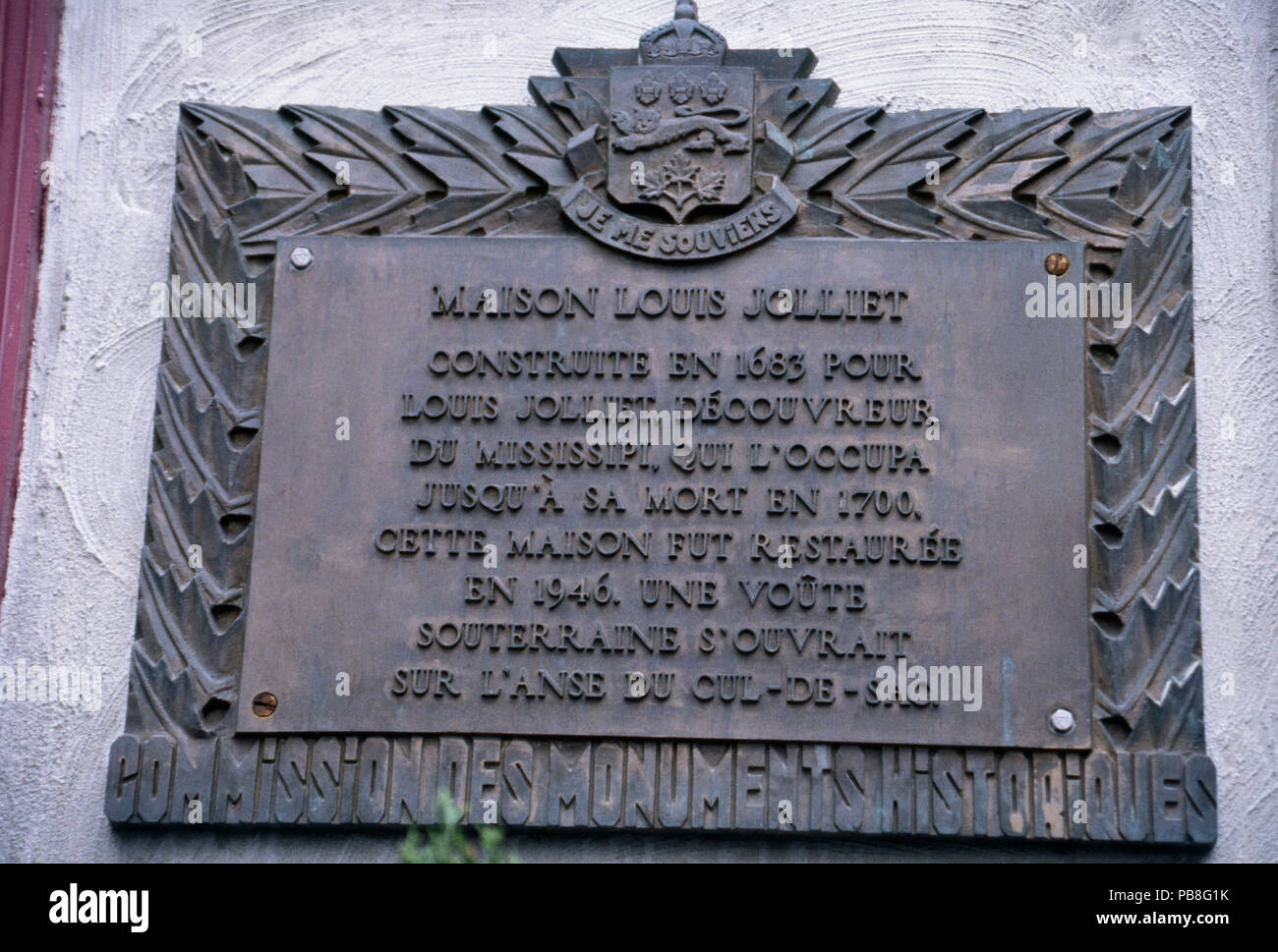 Gedenktafel (in französischer Sprache) auf Louis Joliet home, Quebec, Kanada. Foto Stockfoto