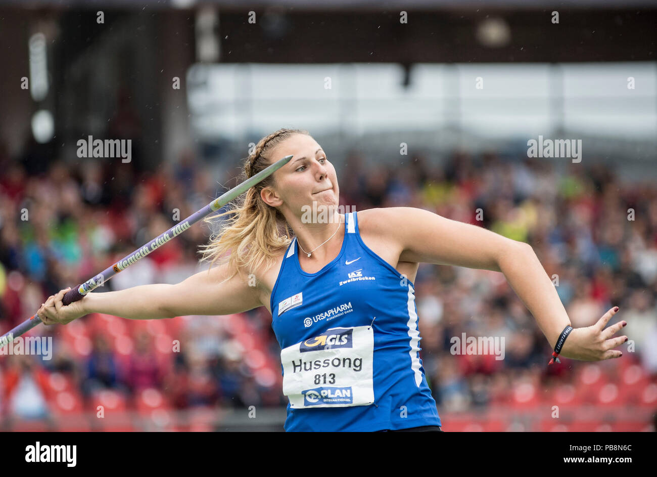 Nürnberg, Deutschland. 21. Juli 2018. Gewinner Christin HUSSONG, LAZ Zweibrücken 1. Platz, Aktion, Final der Frauen speerwurf am 21.07.2018. Deutsche Leichtathletik Meisterschaften 2018, vom 20.07. - 22.07.2018 in Nürnberg/Deutschland. | Verwendung der weltweiten Kredit: dpa/Alamy leben Nachrichten Stockfoto