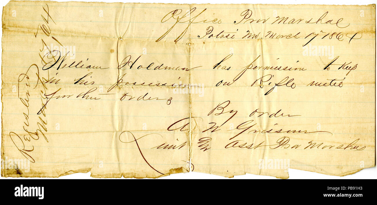1182 die Erlaubnis für William Holdman (Holman) ein Gewehr zu halten, unterzeichnete A. N. Grissner, Potosi, Mo, 17. März 1864 Stockfoto