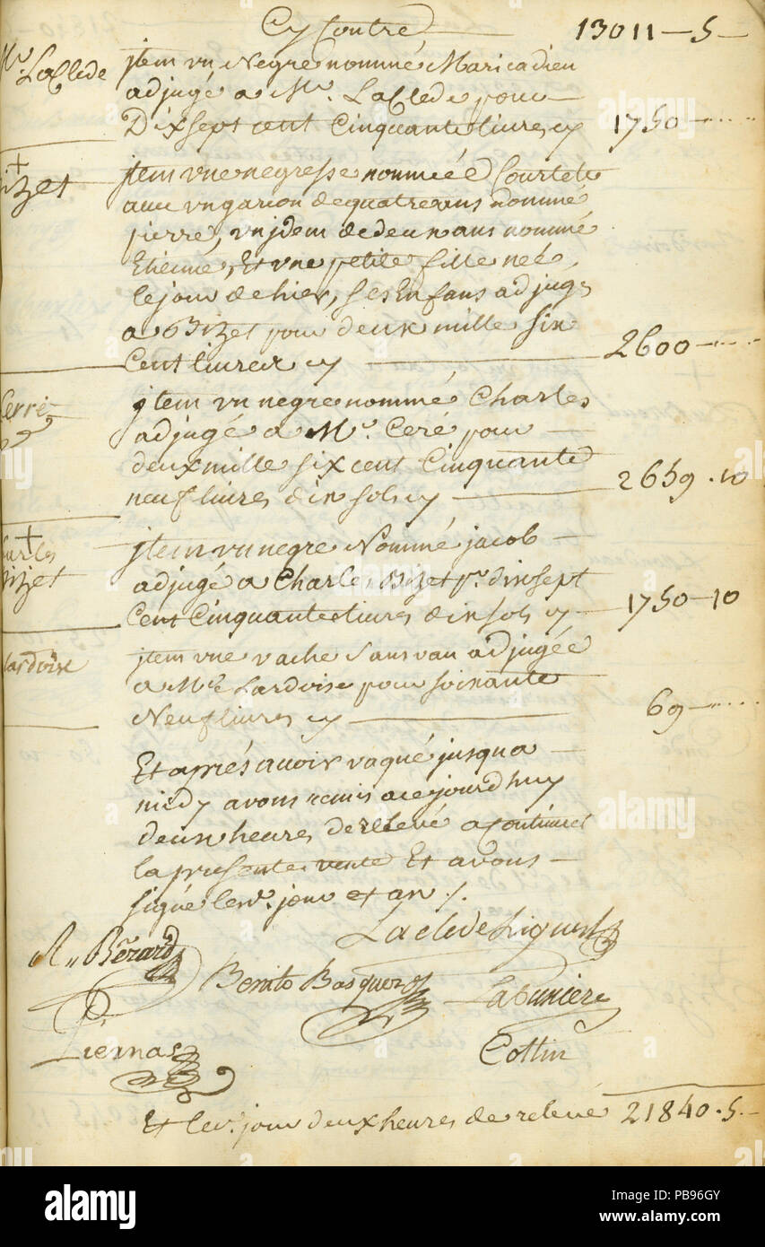 810 Inventar der Guillaume Bisette Estate, 1772 Stockfoto