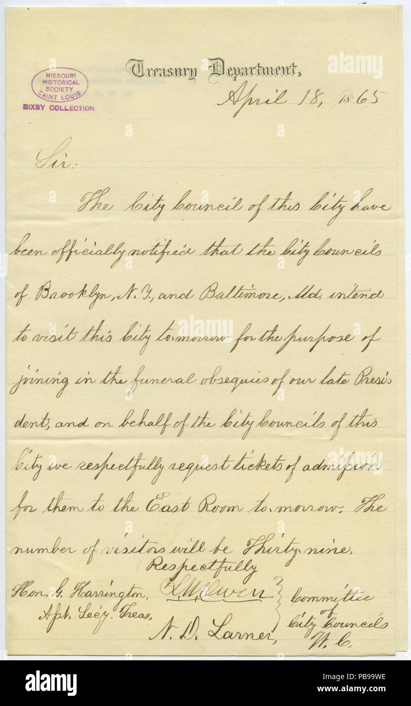910 Brief unterzeichnet L.W. Owen und N.B. Larner, Ausschuss der Stadträte, Treasury, Hon. G. Harrington, Asst. S'y. Baeume., 18. April 1865 Stockfoto
