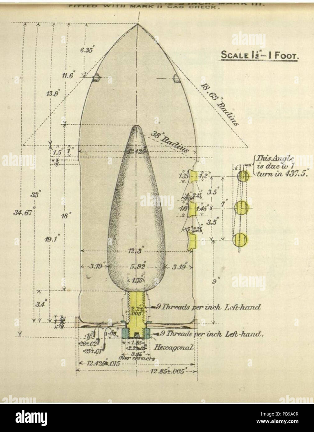 1263 RML 12,5 in verzierte Palliser Shell Mk III mit angehängten Gas-Check Mk II Stockfoto