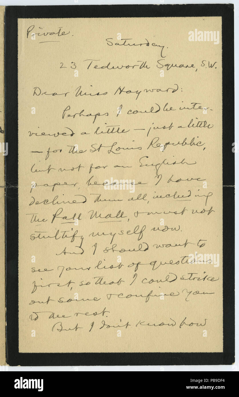 912 Brief unterzeichnet S.L. Clemens, 23 Tedworth Square, S. W., (London), Miss Hayward (Florenz Hayward), (1897) Stockfoto