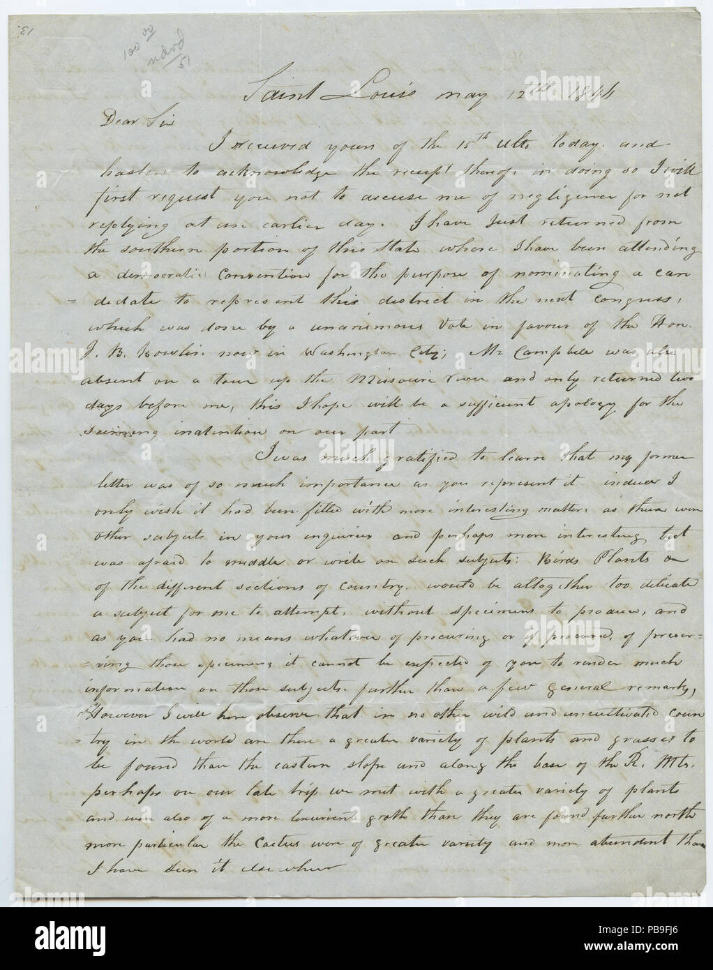 912 unterzeichneten Brief Thomas Fitzpatrick, St. Louis, zu Lieut. J.W. Abert, 12. Mai 1846 Stockfoto