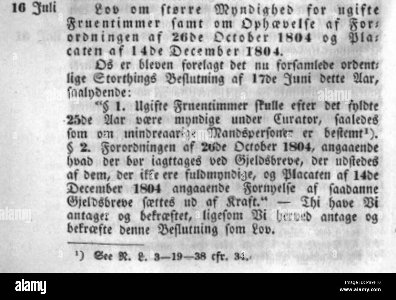 940 Lov om større myndighet für ugifte kvinner 1845 Stockfoto