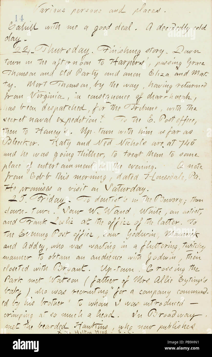 1728 Thomas Butler Gunn Tagebücher - Band 18, Seite 21, 23. Oktober 1861 Stockfoto