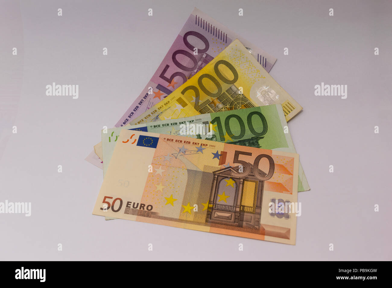 50 Euro, 100 Euro, 200 Euro und 500 Euro Banknoten Stockfoto