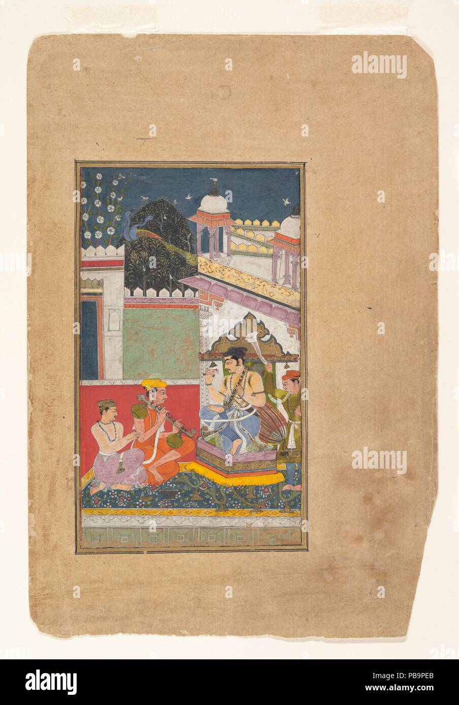 Shri Raga: Folio aus einem ragamala Serie (Garland musikalischer Modi). Kultur: Indien (rajasthan, Bundi). Abmessungen: 8 1/4 x 4 3/4 in. (20,9 x 12,1 cm). Datum: Mitte des 17. Jahrhunderts. Hier der Herrscher gesehen wird, spielt ein Rudra Vina, die von zwei Musikern begleitet. Diese seltene Darstellung der Herrscher als Interpret erscheint in Gemälden aus der Bundi und Kota Gerichte. Die Arbeit auch Referenzen der Fall Harvest Festivals, eine Zeit zum Entspannen und Feiern. Die komplexe Architektur und das Juwel - wie Behandlung der blühende Baum sind typische von Bundi Malerei. Museum: Metropolitan Museum of Art, New York, U Stockfoto