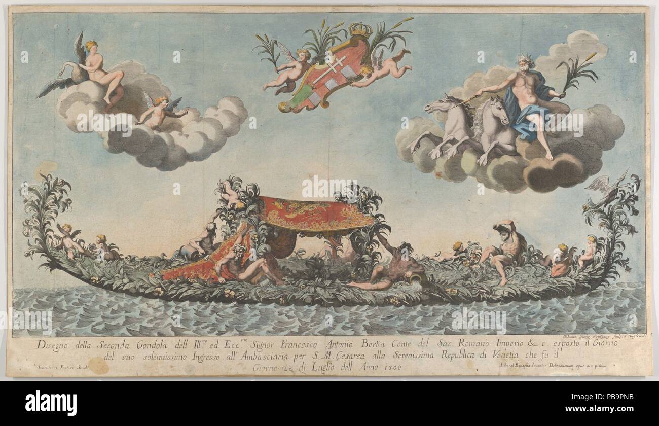 Der hoch dekorierte zweite Gondel von Francesco Antonio Berka in Venedig, Götter auf Wolken im oberen Bereich. Artist: Johann Georg Wolfgang (Deutsch); Nach liberalen Benaglia (Italienisch, Aktiv, 1700). Maße: Blatt: 15 3/8 x 26 3/4 in. (39 × 68 cm). Datum: 1700. Liberale Benaglia war verantwortlich für das Design der Gondel. Ist es nicht sicher, ob er das Design für den Druck zur Verfügung gestellt, aber es ist möglich. Die anderen Namen auf der Print'Fratres Strud" kann zu diesem Zeitpunkt nicht identifiziert werden, bezieht sich aber auf einem religiösen Orden (Brüder), die entweder in der Zeremonie oder die Drucke beteiligt waren. Museum: Stockfoto