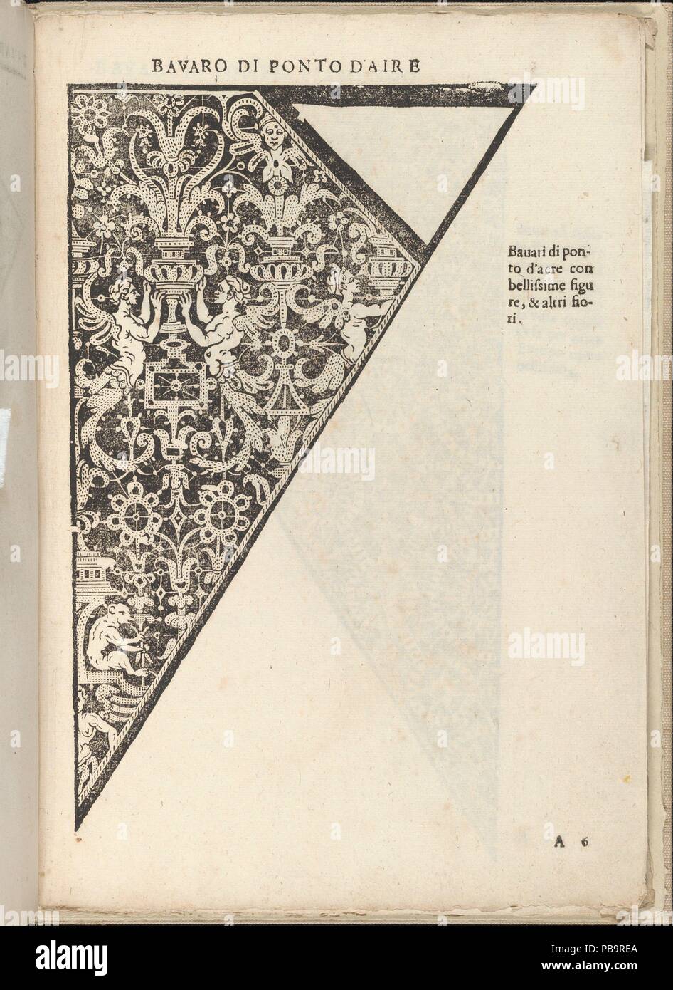 Ornamento Nobile... Fatta da Lucretia Romana (Libro V des Corona), Seite 6 (Vorderseite). Autor: Cesare Vecellio (Italienisch, Pieve di Cadore 1521-1601 Venedig). Abmessungen: Insgesamt: 12 3/16 x 8 1/4 in. (31 x 21 cm). Herausgeber: Alessandro De' Vecchi (Italienisch, aktive Venedig, 1570-1629). Datum: 1620. Von Cesare Vecellio, Italienisch, Pieve di Cadore 1521-1601 Venedig, veröffentlicht von Alessandro De' Vecchi geschrieben. Von oben nach unten und von links nach rechts: Design ist in der Form eines Dreiecks mit der oberen rechten Ecke leer gelassen. Es ist mit Vasen mit Blumen von Mensch, Vogel flankiert eingerichtet und Pflanze composite creat Stockfoto