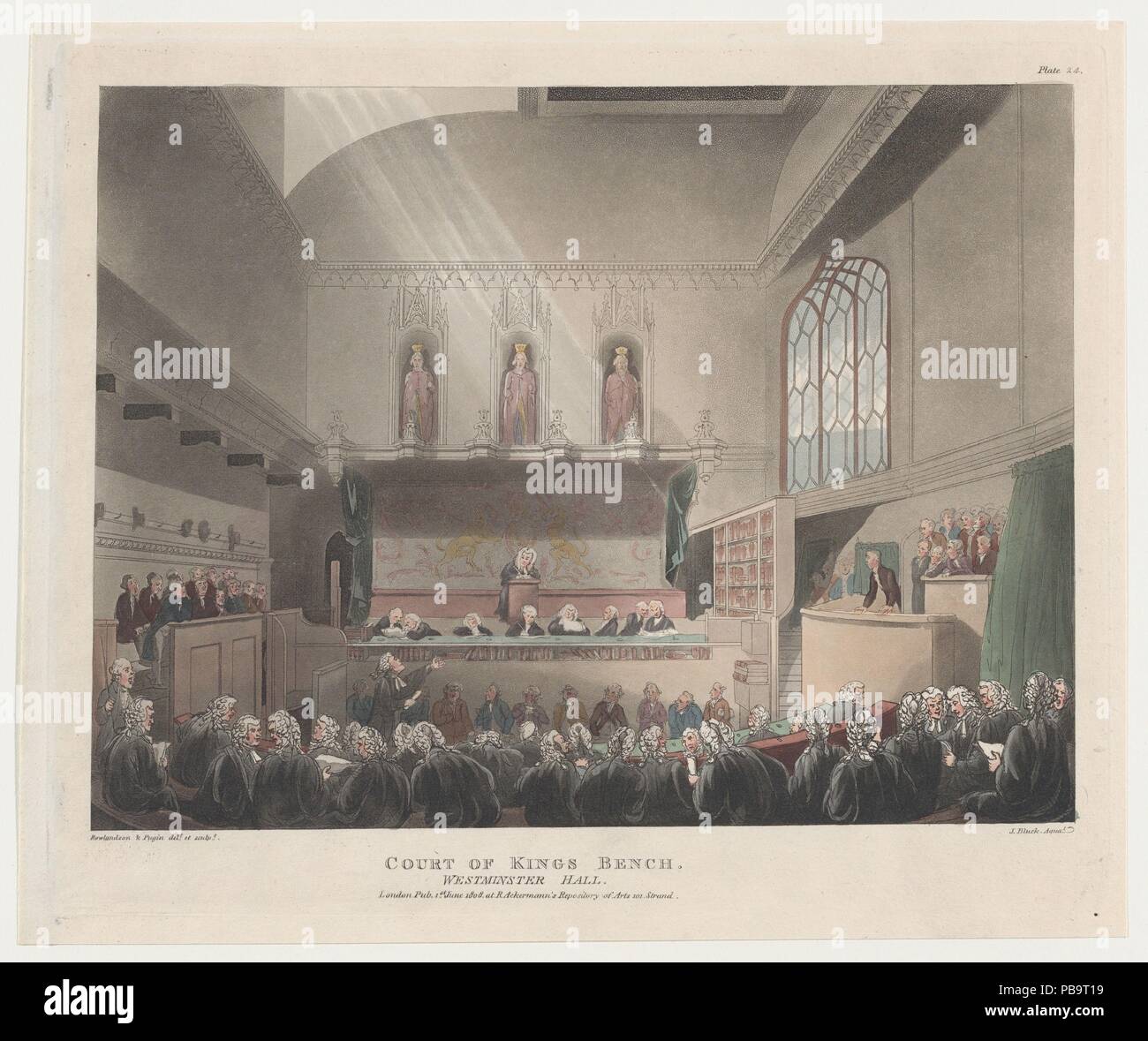 Hof der Könige Sitzbank, Westminster Hall (Mikrokosmos von London, Platte 24). Artist: entworfen und von Thomas Rowlandson (Briten, London 1757-1827 London) geätzt; konzipiert und von Auguste Charles Pugin (British (Frankreich) geboren, Paris 1768/69-1832 London) geätzt, Aquatinta von John Hill (Us (England), London 1770-1850 Clarksville, New York). Maße: Blatt: 9 7/16 x 11 7/16 in. (24 × 29,1 cm) Platte: 9 1/16 x 10 13/16-in. (23 × 27,5 cm). Herausgeber: Rudolph Ackermann, London (1794-1829). Serie/Portfolio: Mikrokosmos von London. Datum: 1808. Museum: Metropolitan Museum of Art, New York, USA Stockfoto