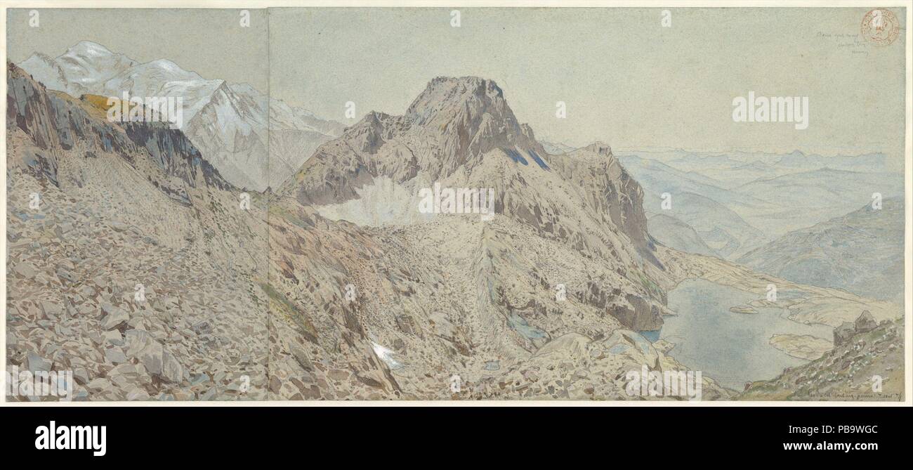 Mont Blanc gesehen von der Massiv, Les Aiguilles Rouges. Artist: eugène-emmanuel Viollet-le-Duc (Frankreich, Paris 1814-1879 Lausanne). Maße: Blatt: 11 5/6 x 26 1/8 in. (29 x 66,4 cm). Datum: 1874. Eine der 19 einflussreichsten Architekten des Jahrhunderts Viollet-le-Duc, vor allem für seine Restaurationen von Frankreichs größte Kirchen bekannt, war auch ein produktiver Autor von theoretischen Schriften, sowie ein talentierter Zeichner. In diesem spektakulären Blick auf die Berge heiratete er Verständnis von Struktur und Raum eines Architekten, eines Künstlers von Farbe und Linie. Die Zeichnung stammt aus dem Ende des Stockfoto