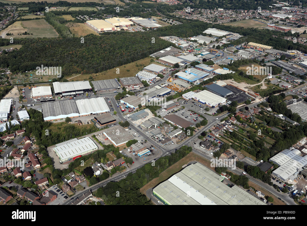Luftaufnahme des Industrial Estate bei Somercotes, Alfreton, Derbyshire Stockfoto