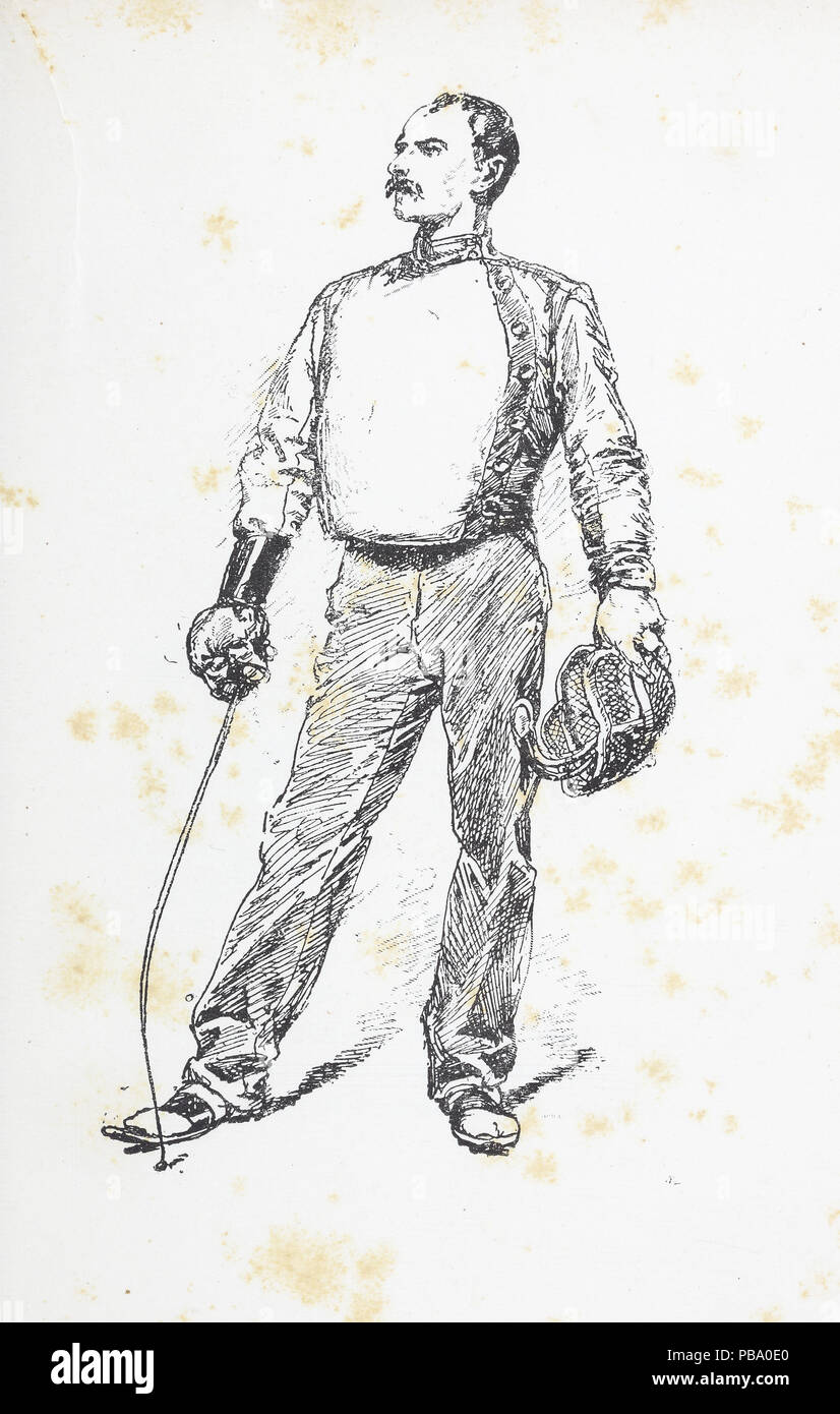 Abbildung zeigt einen Mann, bewaffnet mit Schwert und Fechten Maske, Seite 25, der Titel "L'art du Duell" (Die Kunst des Duells,) von Adolphe Tavernier genommen Stockfoto