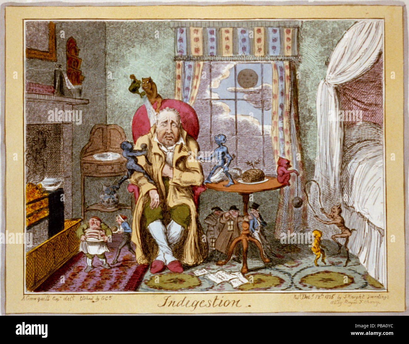 . Englisch: Titel: Verdauungsstörungen Abstract: Karikatur von George Cruikshank, Menschen leiden unter Verdauungsstörungen durch wenig Dämonen zu kämpfen. Physische Beschreibung drucken: 1: Gravur, Col. Anmerkungen: Dieser Datensatz enthält ungeprüfte, alte Daten aus caption Karte.; Teil: British Cartoon Prints Collection (Bibliothek des Kongresses).; A. Crowquill Esqr. delt. ; Durch G. Ck geätzt. -- Pubd. Von S. Ritter Sweetings Gasse Royal Xchange, Reduz. 12 1825. Vor 1825 802 Verdauungsstörungen LCCN 2002721265 Stockfoto