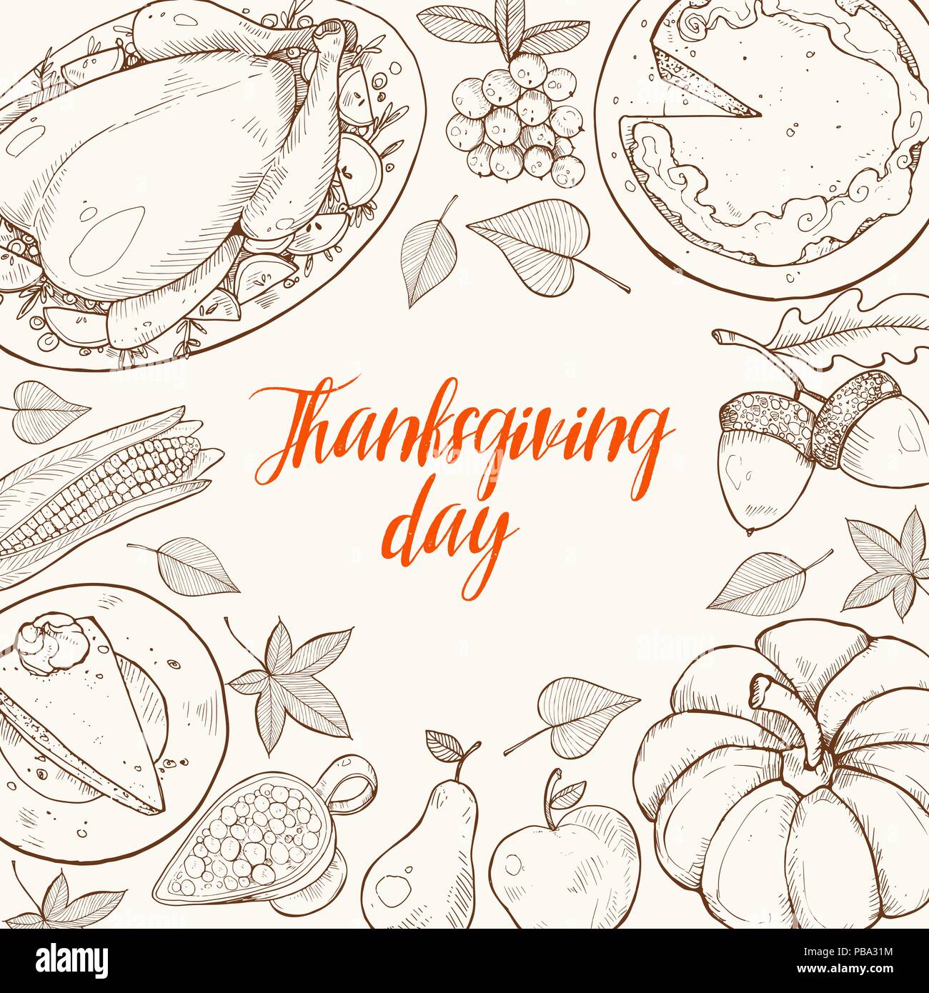 Happy Thanksgiving Day Grußkartenvorlage. Danksagung Poster mit gebratener Truthahn, Pumpkin Pie und aconrs Skizzen. Horizontale Komposition mit t Stock Vektor