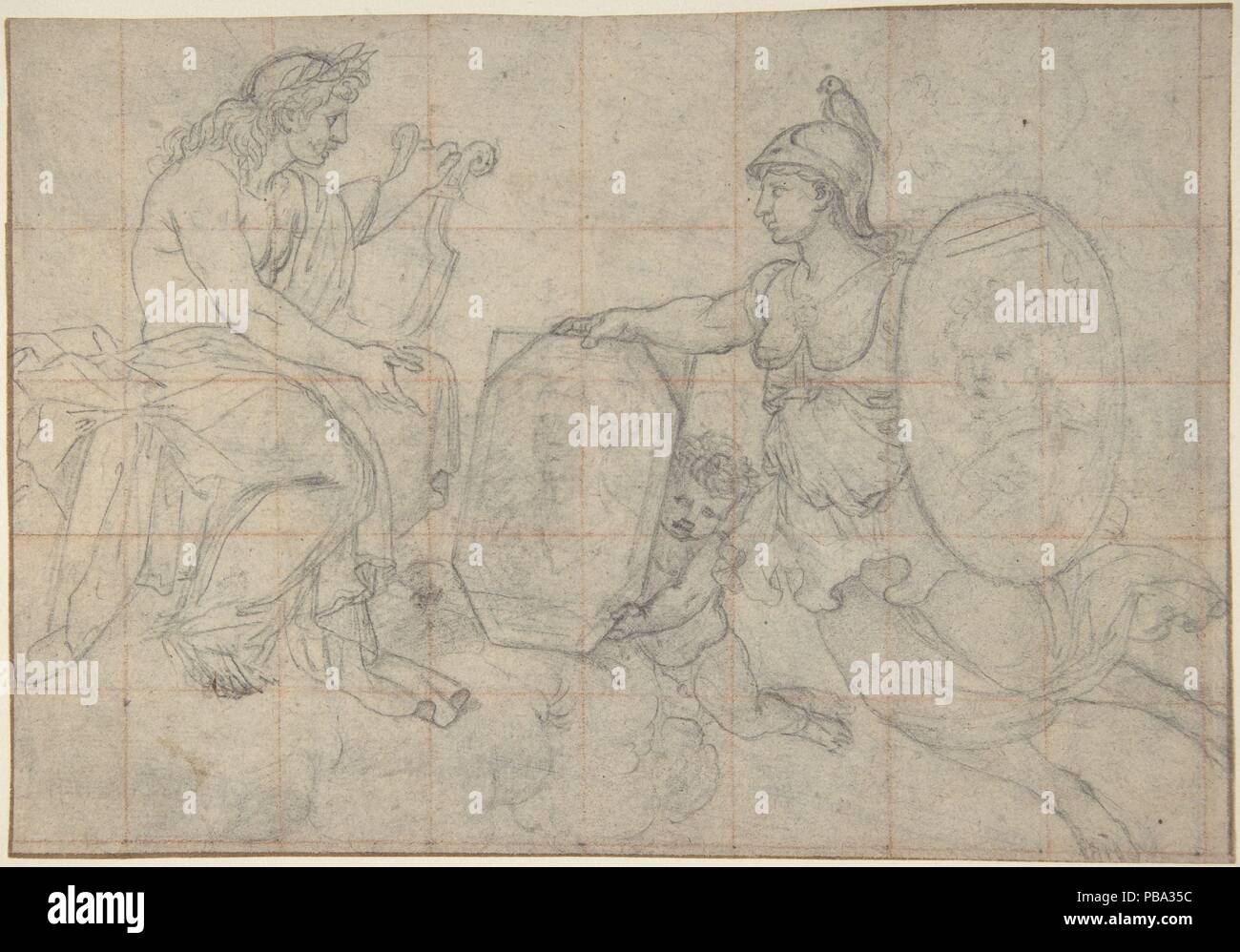 Minerva präsentiert zwei Porträts zu Apollo. Künstler: Eustache Le Sueur (Französisch, Paris 1616-1655 Paris). Abmessungen: 5 9/16 x 8 1/16-in. (14,1 x 20,4 cm). Datum: 17. Museum: Metropolitan Museum of Art, New York, USA. Stockfoto