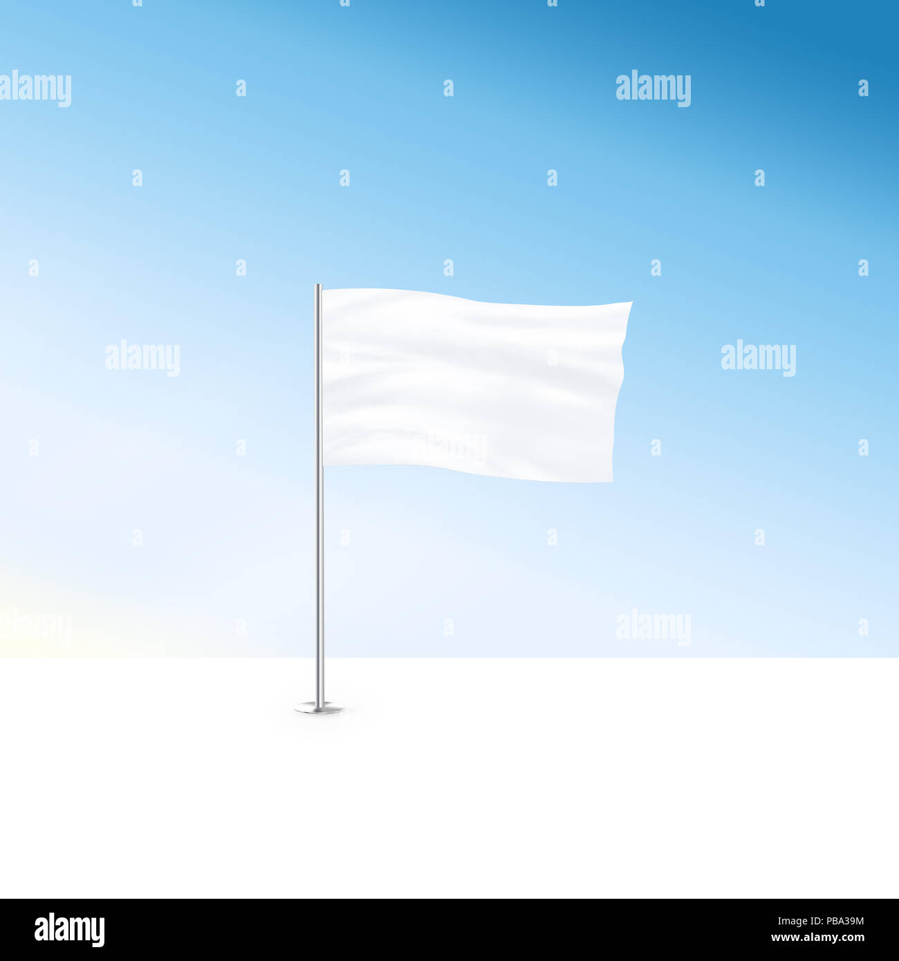 Leere weisse Flagge mock up stand auf und blauer Himmel. Große wellige Fahnenmast mockup Bereit für Business Logo Design Präsentation. Kapitulation Symbol leer Stockfoto