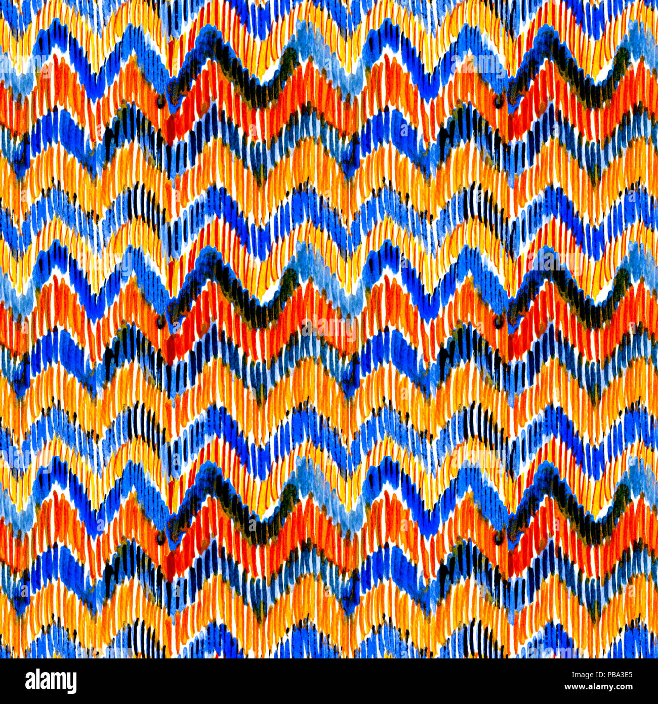 Aquarell orange und blau Ikat lebendige nahtlose Muster. Trendy Tribal Muster in Aquarell Stil. Pfauenfeder für Gewebe, Textilien, Keramik Stockfoto