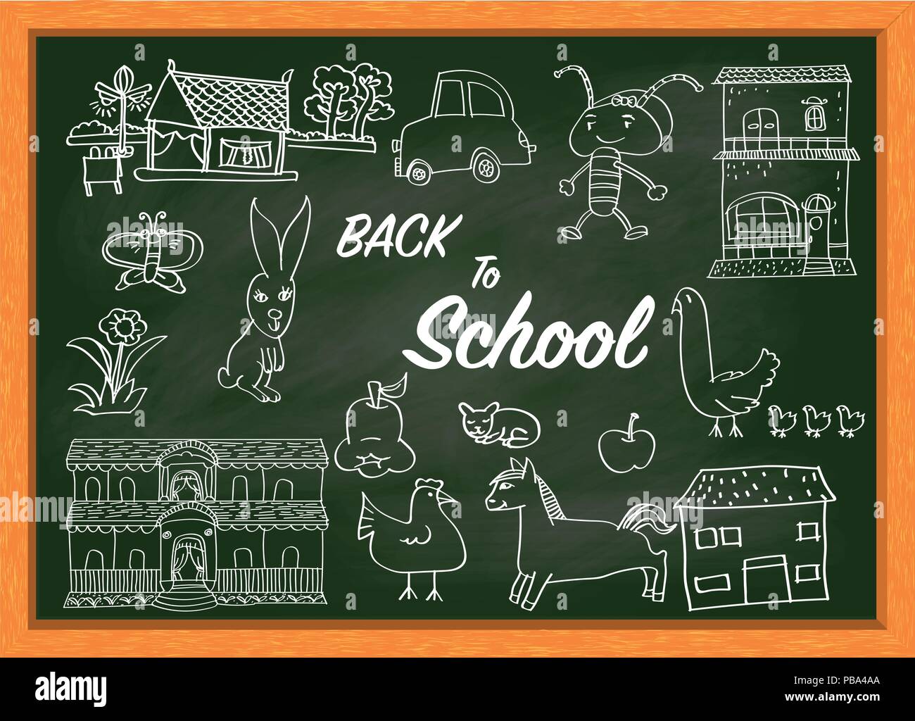 Hand Zeichnung auf der grünen Tafel mit Text ZURÜCK ZUR SCHULE, für die Schule und Bildung Konzept - Hand gezeichnet Vector Illustration. Stock Vektor