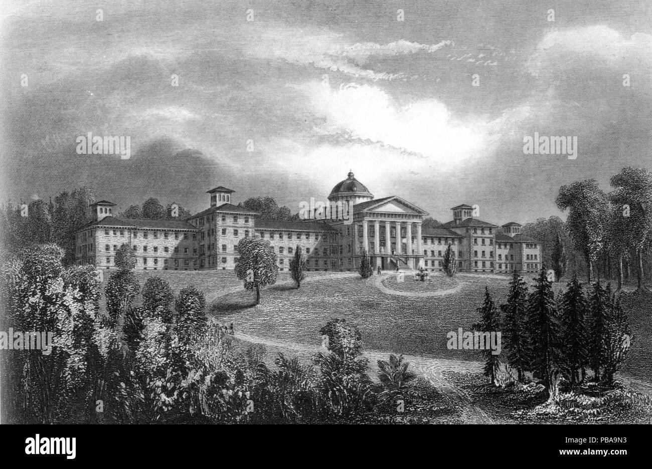 . Englisch: New Jersey State Irrenanstalt, Trenton. Zwischen 1840 und 1880 1094 New Jersey State Irrenanstalt, Trenton - Gravur Stockfoto