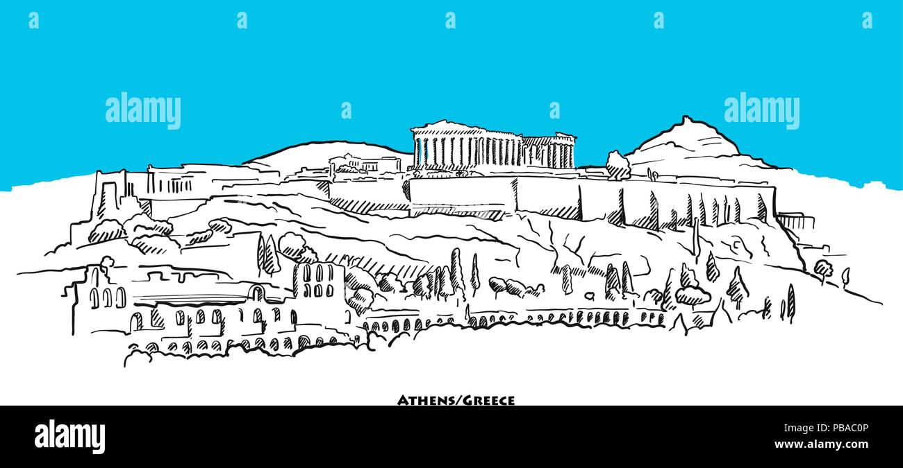 Athen Akropolis Sehenswürdigkeiten Banner mit blauem Himmel. Handgezeichneten vektor Skizze. Stock Vektor