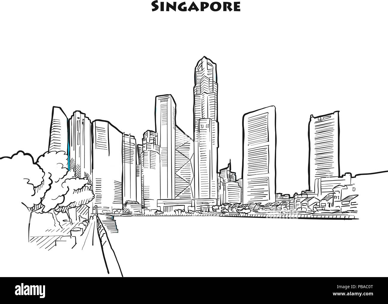 Skyline von Singapur Zeichnung. Handgezeichneten vektor Skizze von Singapores finance District. Stock Vektor