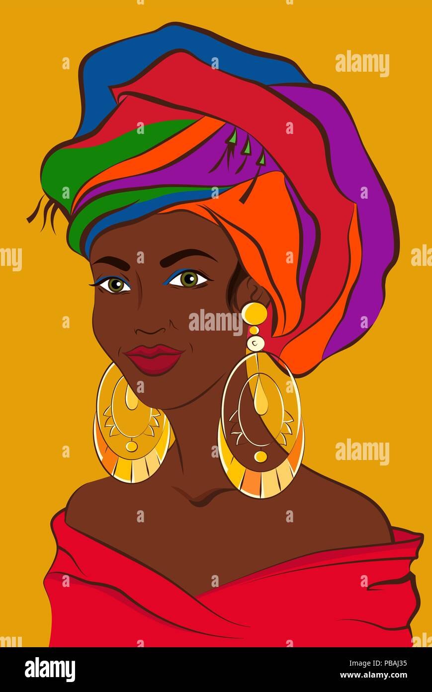 Latin Frau. Kubanisches Mädchen mit bunten Turban und großen goldenen Ohrringe. Südamerikanische Frauen. Vector Illustration Stock Vektor