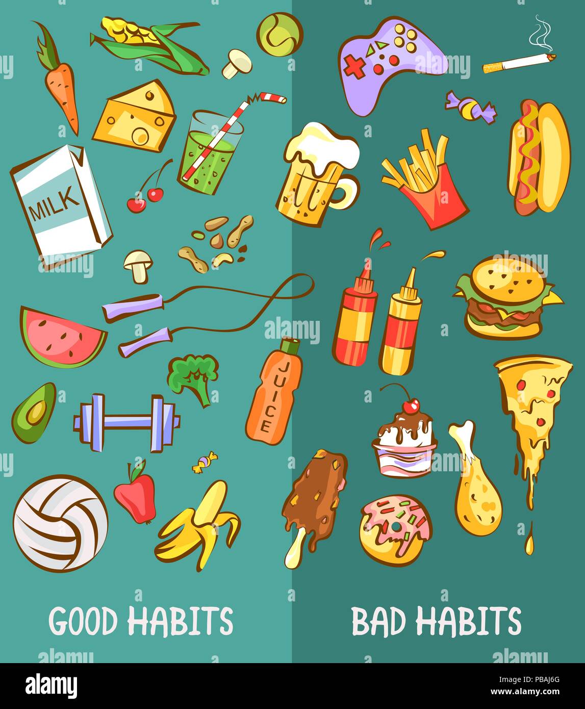 Gute und schlechte Gewohnheiten. Gesunde und schädliche Produkte gesetzt. Gesunder Lebensstil im Vergleich zu ungesund. Vektorgrafiken für Diät und Ernährung, Gewichtsreduktion, s Stock Vektor