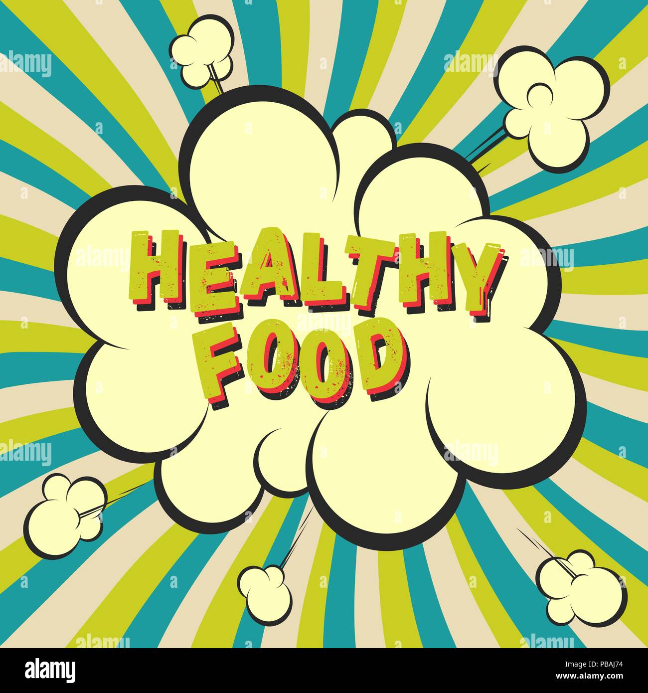 Gesundes Essen retro style Bild. Comic cartoon Explosion mit hypno strahlen Hintergrund. Vector Illustration für Diät und Ernährung, Gewichtsreduktion, Gesundheit. Stock Vektor