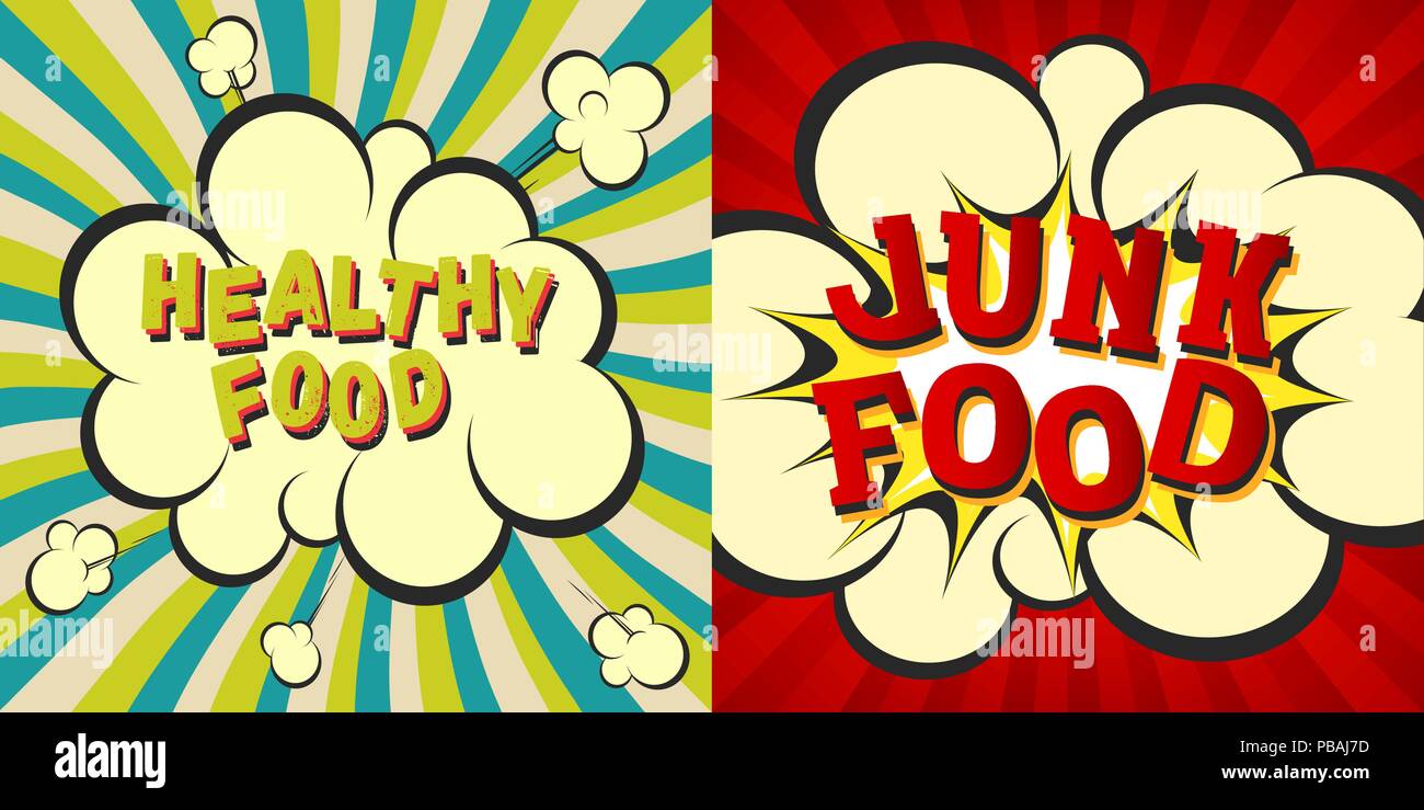 Junk und gesundes Essen Retro Stil Bilder. Comic cartoon Explosion mit hypno strahlen Hintergrund. Vektorgrafiken für Diät und Ernährung, Gewichtsabnahme Stock Vektor
