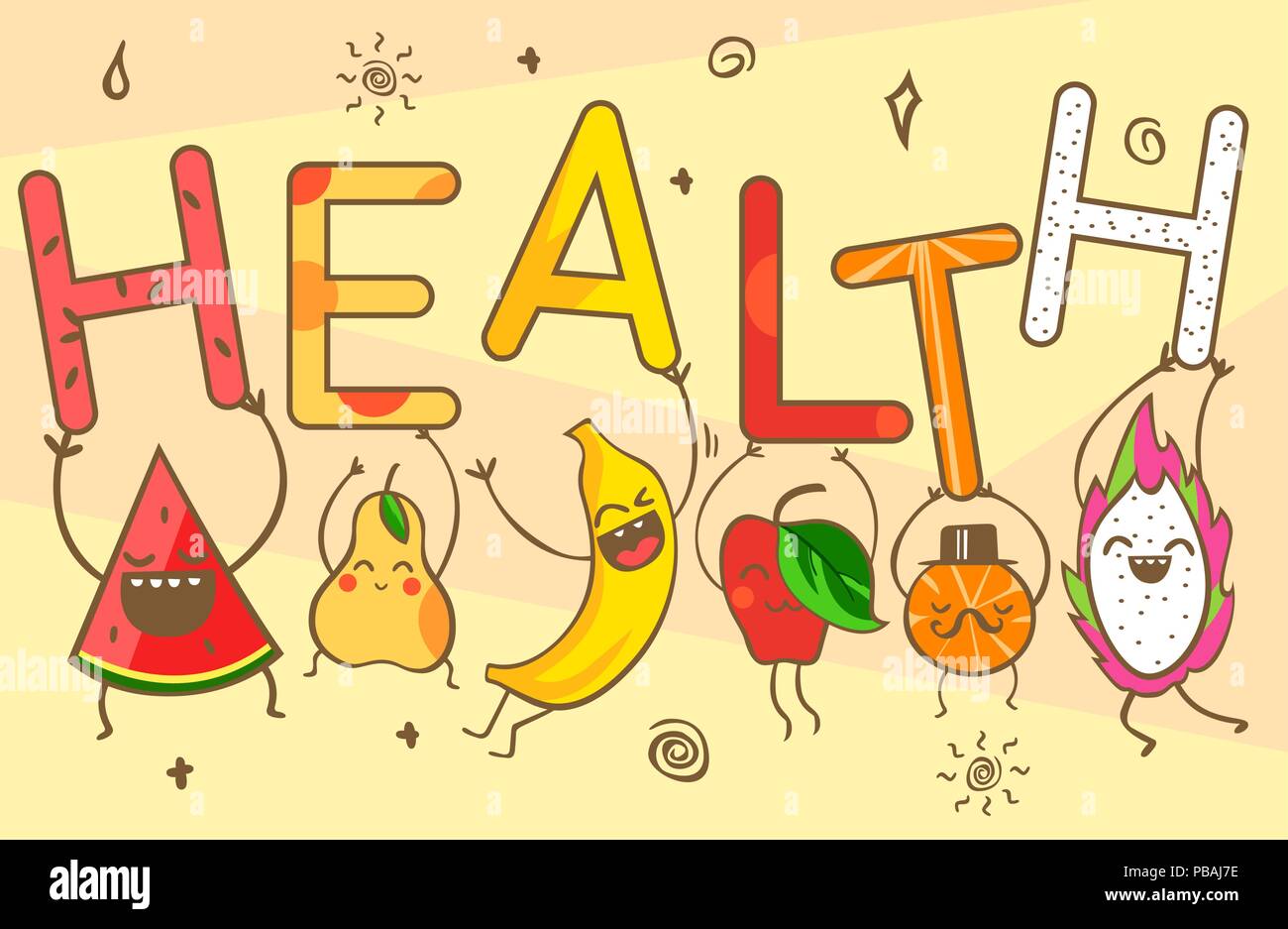 Niedlich kawaii cartoon Früchte tragen Gesundheit Schriftzug. Gesunde Lebensmittel: Wassermelone, Banane, Mandarine, Apfel, Ananas, Zitrone, Birne und Dragon Obst Stock Vektor