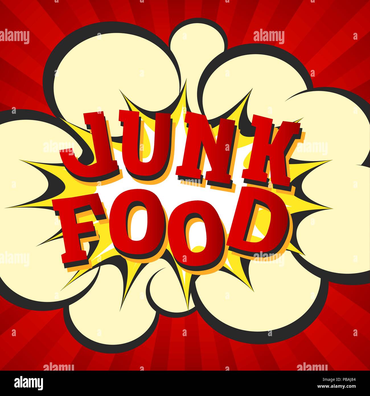 Junk Food retro style Bild. Comic cartoon Explosion mit hypno strahlen Hintergrund. Vector Illustration für Diät und Ernährung, Gewichtsreduktion, Gesundheit und b Stock Vektor
