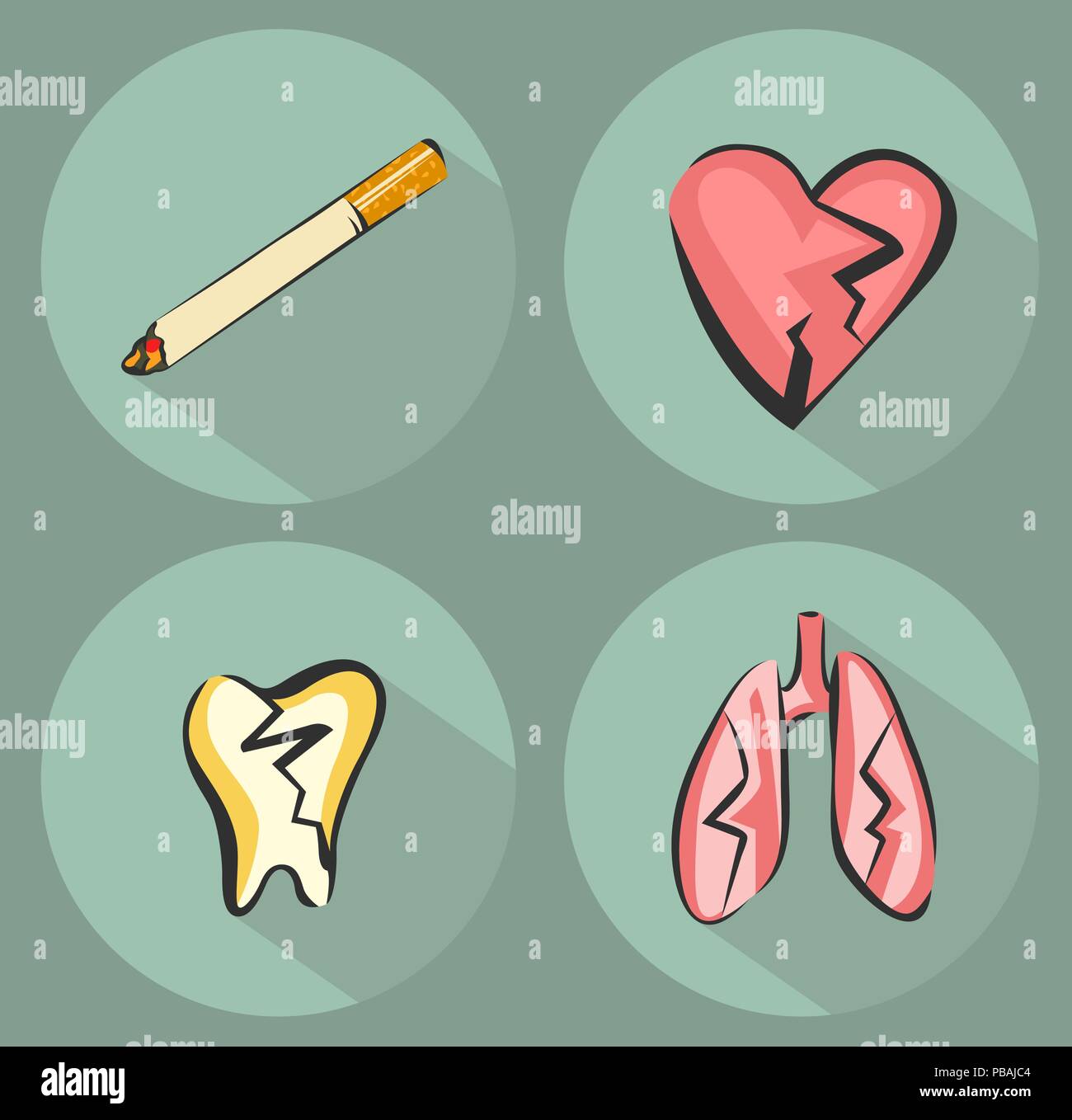 Rauchen schadet Symbole und Zigarette Symbol. Leiden Herz, Lunge und Zahn. Vektorgrafiken in retro Moderne style Set Stock Vektor
