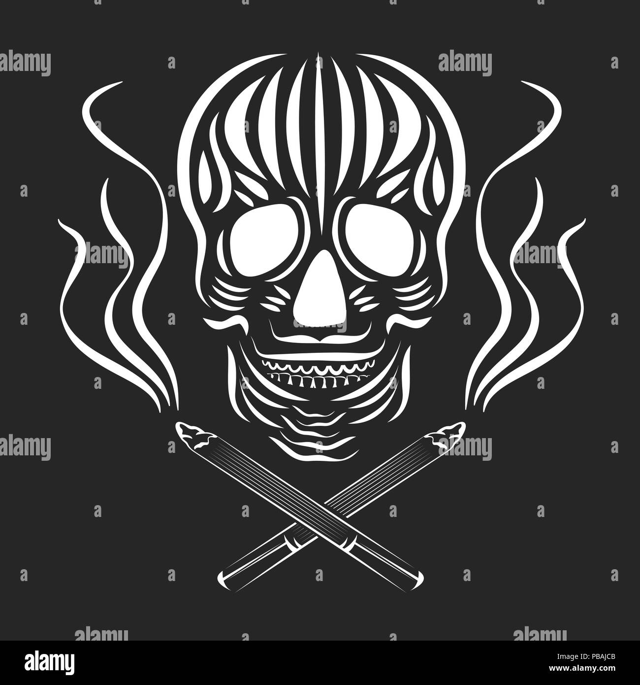 Totenkopf mit gekreuzten Zigaretten und Rauchen. Rauchen schadet Konzept. Tag der Toten Vector Illustration. Schwarz und Weiß retro tattoo Skizze Stock Vektor