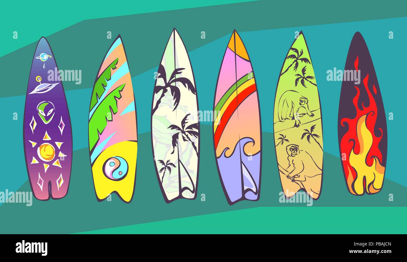 Satz von Comic cartoon Surfbretter mit original Design. Vektorgrafiken für Sommerferien Design. Stock Vektor