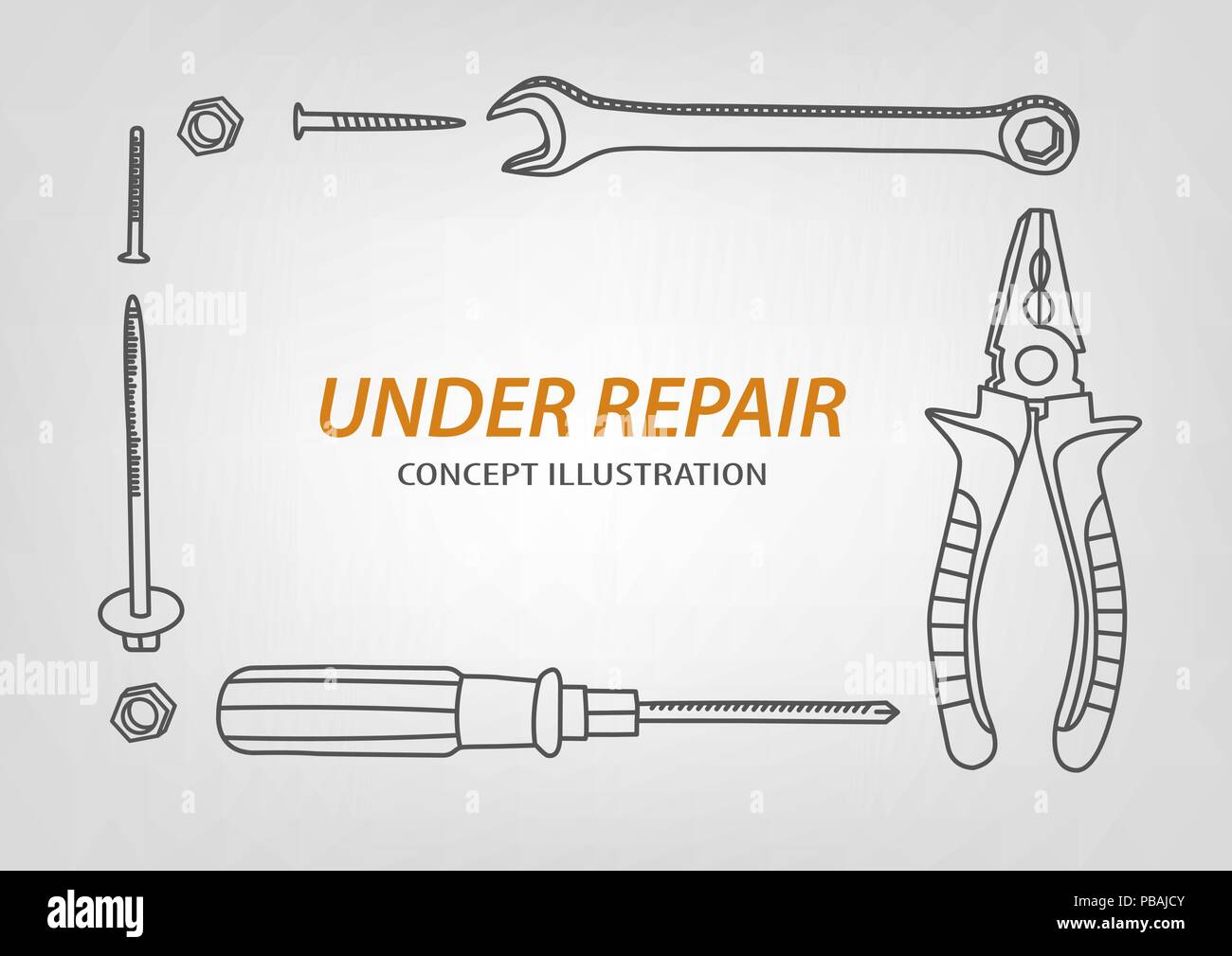 Unter Reparaturkonzept Komposition. Doodle Werkzeuge: Schraubendreher, Schlüssel, Zangen, Schrauben und Muttern. Vector Illustration Stock Vektor