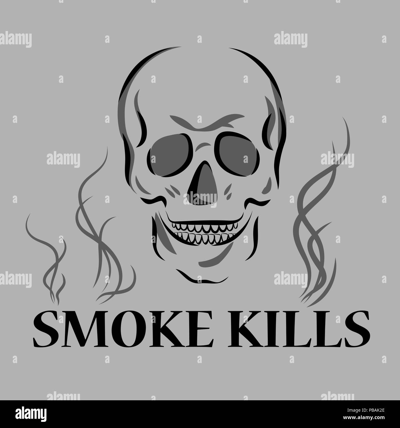 Rauchen tötet Poster - Rauchen schadet Konzept. Schädel mit Schriftzug und Qualm, Vector Illustration. Stock Vektor