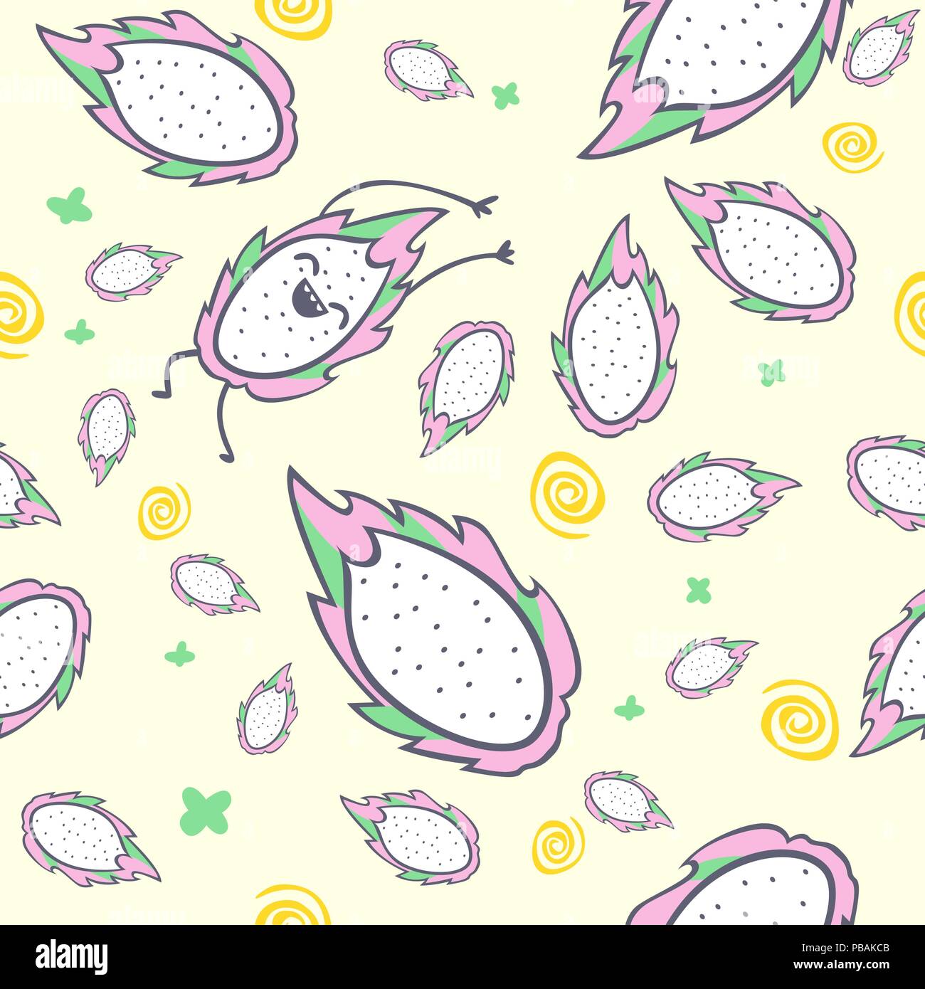 Drachenfrucht nahtlose Muster, Zeichentrickfigur, niedlich Kawaii pitaya, Vector Illustration Stock Vektor